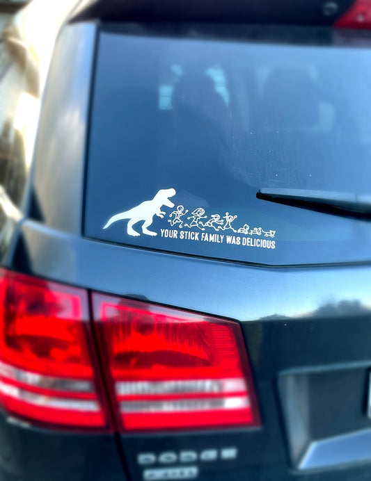 Dinosaur eats family car decal